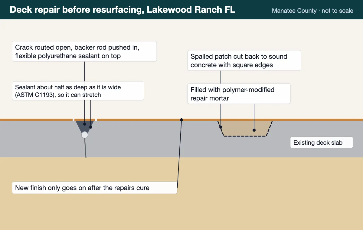 Pool deck crack repair diagram: crack routed open, backer rod set, flexible sealant tooled flush, spall patched