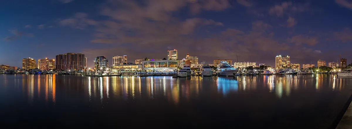 Sarasota FL bayfront skyline at night across the water
